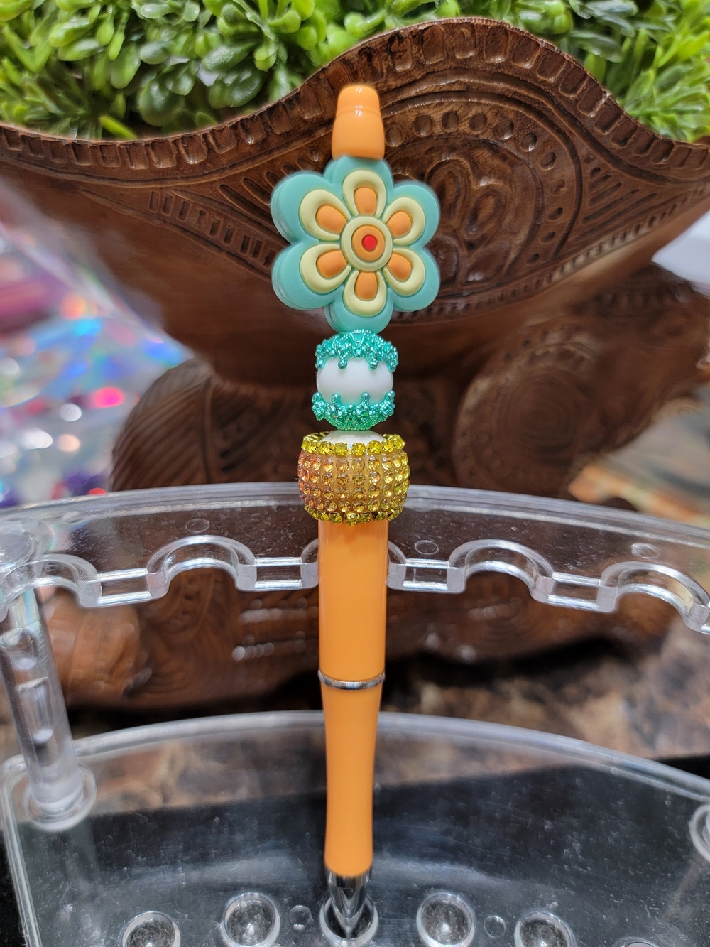 Orange Floral Beaded Pen with Mint & Yellow Accents